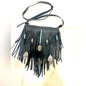 Crossbody fringe bag, turquoise, embellishments